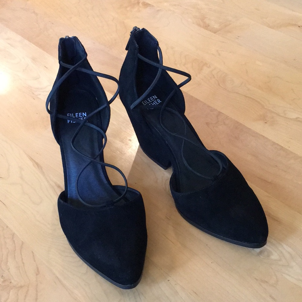 Eileen Fisher Suede Rope Ghillie Lace Block Heels